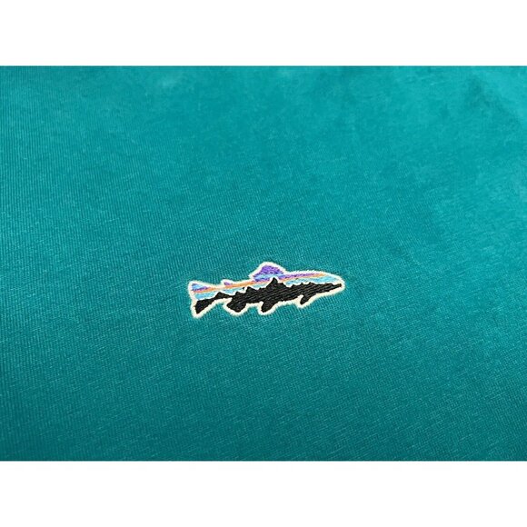 Patagonia Polo Shirt Short Sleeve Organic Cotton Teal Trout Logo - Stain on back - Picture 4 of 8